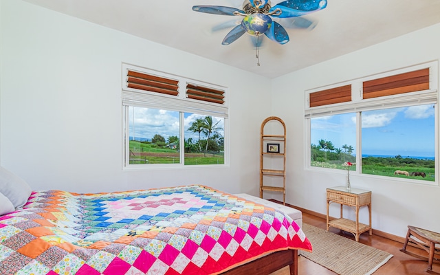 bedroom featuring ceiling fan and multiple windows