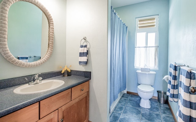 bathroom with toilet, walk in shower, vanity, and tile patterned floors