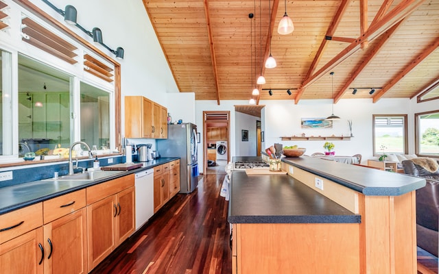 kitchen with sink, dishwasher, wood ceiling, a center island, and dark wood-type flooring