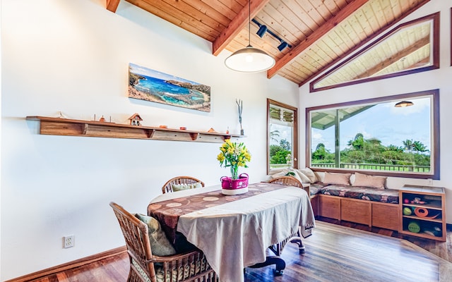 dining room featuring hardwood / wood-style flooring, wooden ceiling, and lofted ceiling with beams