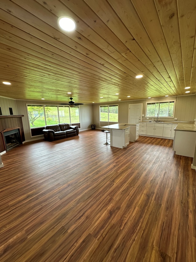 unfurnished living room with wood ceiling, a fireplace, a healthy amount of sunlight, and dark hardwood / wood-style flooring