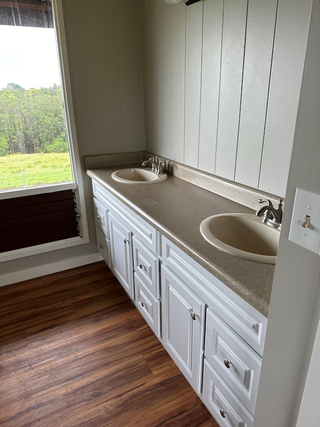 bathroom featuring vanity and hardwood / wood-style flooring