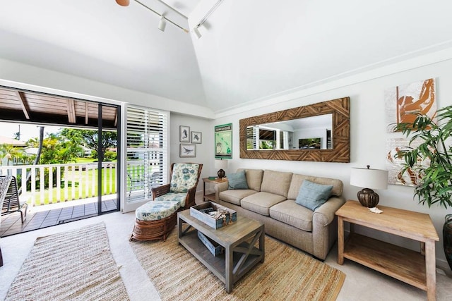 living room featuring vaulted ceiling, track lighting, and light colored carpet