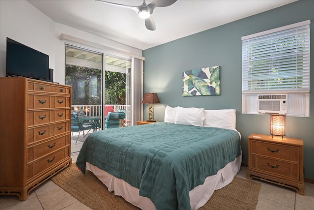 bedroom with light tile patterned floors, access to exterior, ceiling fan, and cooling unit