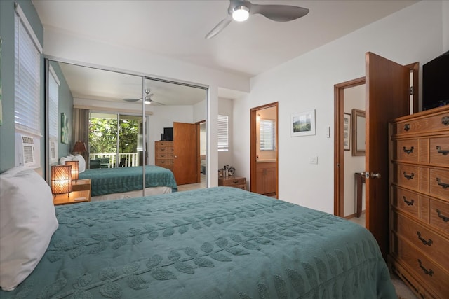 bedroom featuring a closet, ceiling fan, and ensuite bathroom