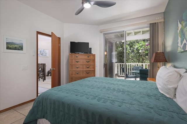 tiled bedroom featuring ceiling fan and access to outside