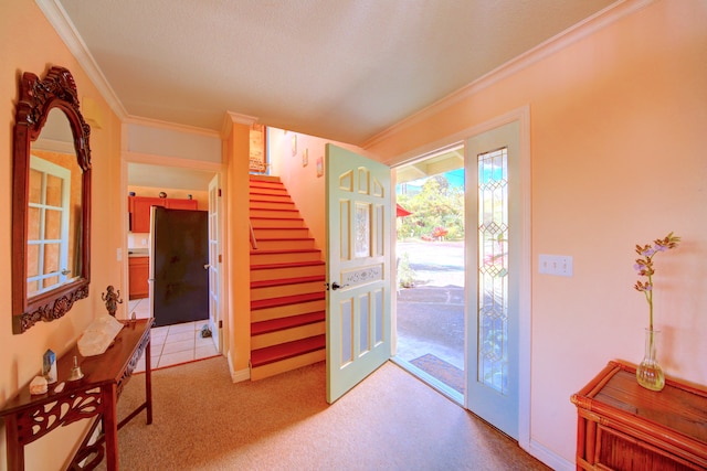 foyer with crown molding, light carpet, and a textured ceiling