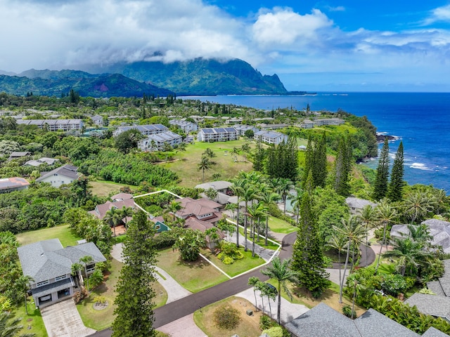 drone / aerial view with a water and mountain view