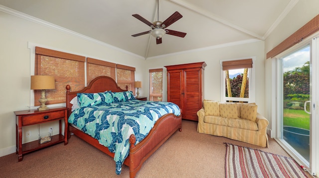 carpeted bedroom featuring crown molding, lofted ceiling, access to exterior, and ceiling fan