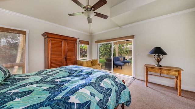 carpeted bedroom featuring crown molding, vaulted ceiling, access to exterior, and ceiling fan