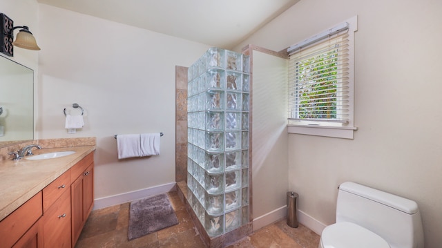 bathroom with a shower, toilet, and vanity