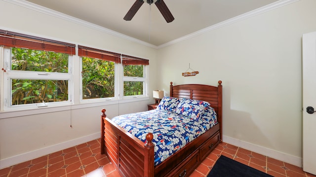 tiled bedroom with ceiling fan and crown molding