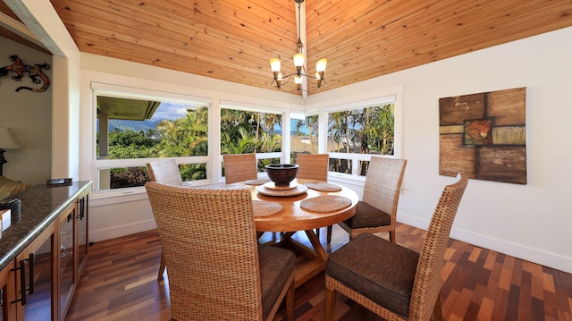 dining area with dark wood-type flooring, an inviting chandelier, and wooden ceiling