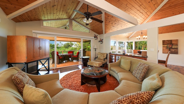 living room with high vaulted ceiling, ceiling fan with notable chandelier, beam ceiling, and hardwood / wood-style flooring