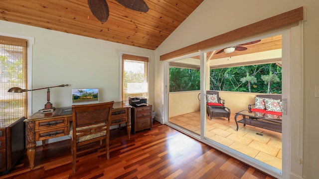 office space with dark wood-type flooring, ceiling fan, wooden ceiling, and vaulted ceiling