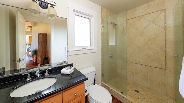 bathroom with walk in shower, toilet, and vanity