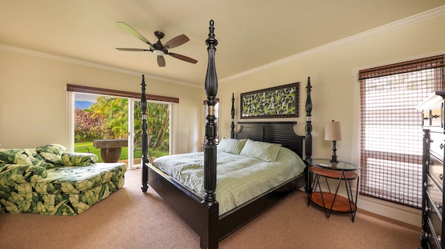 bedroom featuring crown molding, access to exterior, ceiling fan, and carpet floors