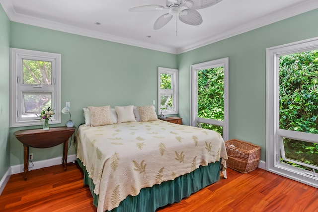 bedroom featuring crown molding, dark wood-type flooring, and ceiling fan