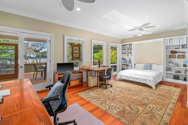 bedroom featuring access to exterior, ceiling fan, ornamental molding, and light hardwood / wood-style flooring