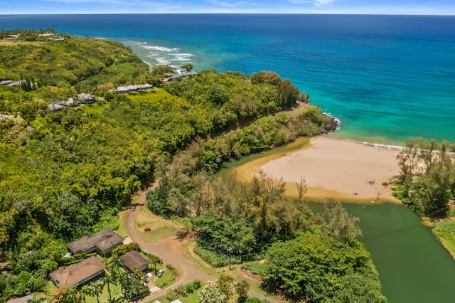 drone / aerial view featuring a view of the beach and a water view