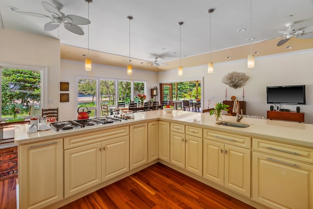 kitchen with ceiling fan, sink, stainless steel gas stovetop, and decorative light fixtures