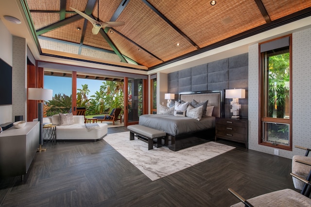 bedroom featuring wooden ceiling, tile walls, and high vaulted ceiling