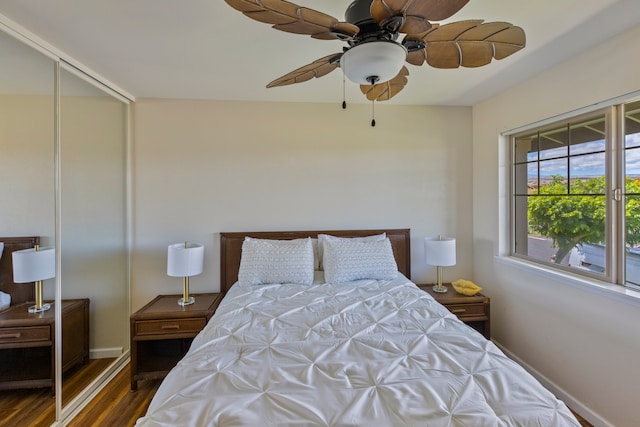 bedroom featuring dark wood-type flooring, ceiling fan, and a closet