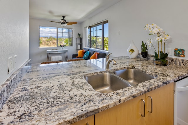 kitchen with dishwasher, light stone counters, sink, and ceiling fan