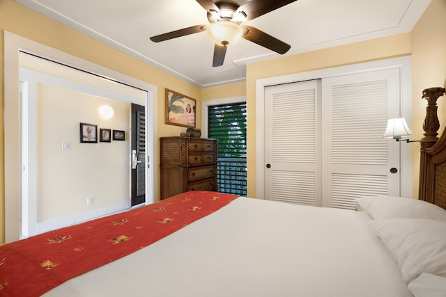 bedroom featuring ceiling fan and a closet