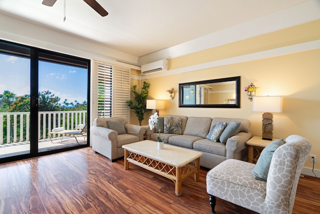 living room with a wall mounted AC, ceiling fan, and dark wood-type flooring