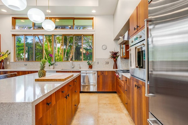 kitchen with appliances with stainless steel finishes, pendant lighting, a wealth of natural light, and sink