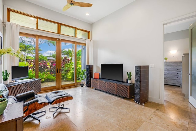 office space featuring ceiling fan and french doors