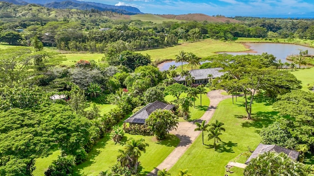 birds eye view of property featuring a water and mountain view