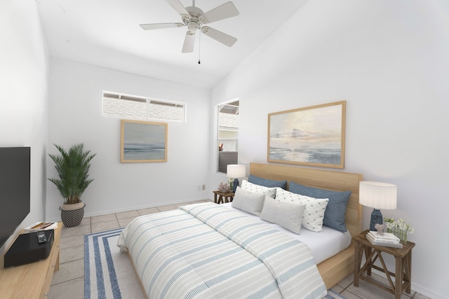 bedroom with light tile patterned floors, vaulted ceiling, and ceiling fan