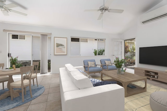 living room featuring light tile patterned floors, lofted ceiling, a wall mounted air conditioner, and ceiling fan