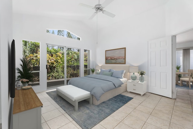 bedroom featuring ceiling fan, high vaulted ceiling, light tile patterned floors, and access to exterior