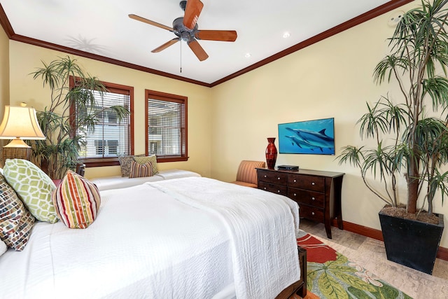 bedroom featuring wood finished floors, a ceiling fan, ornamental molding, and baseboards