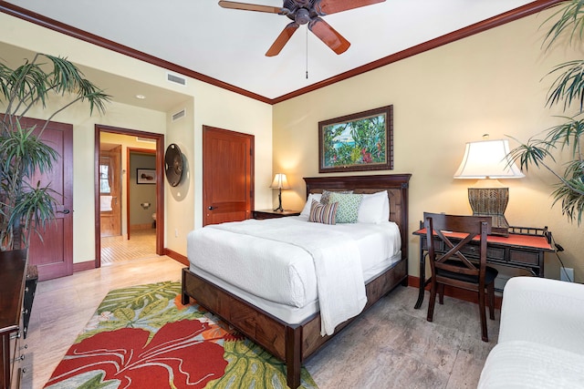 bedroom featuring ceiling fan, ornamental molding, and connected bathroom