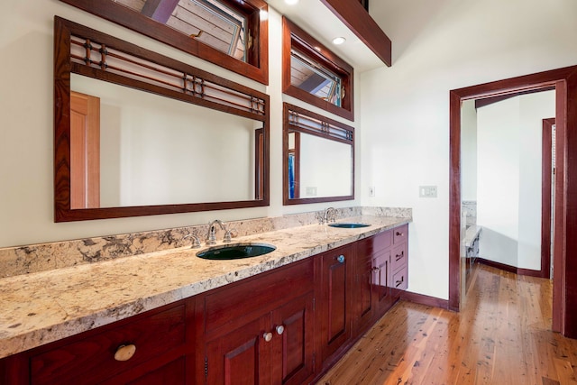 bathroom with wood-type flooring, a tub to relax in, and vanity