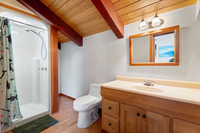 bathroom with toilet, vanity, hardwood / wood-style flooring, wood ceiling, and a shower with curtain