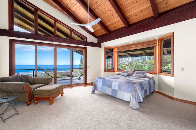 bedroom featuring high vaulted ceiling, a water view, access to outside, ceiling fan, and beam ceiling