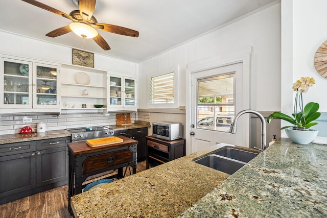 kitchen featuring dark wood-type flooring, sink, stainless steel appliances, light stone countertops, and ceiling fan