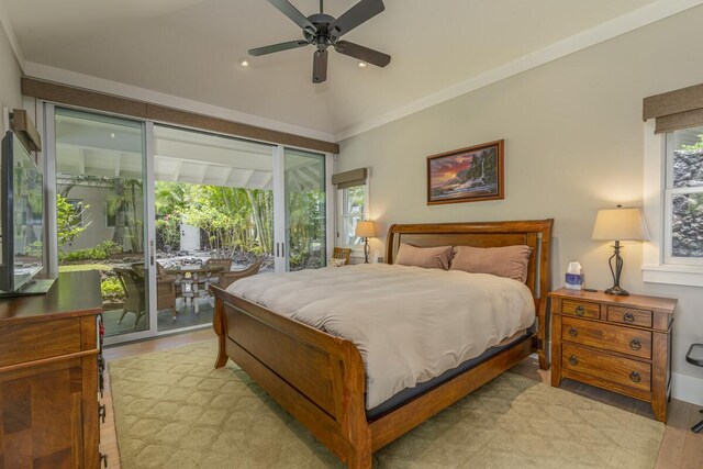 bedroom featuring lofted ceiling, ceiling fan, light wood-type flooring, and access to outside