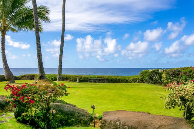 surrounding community with a water view and a lawn