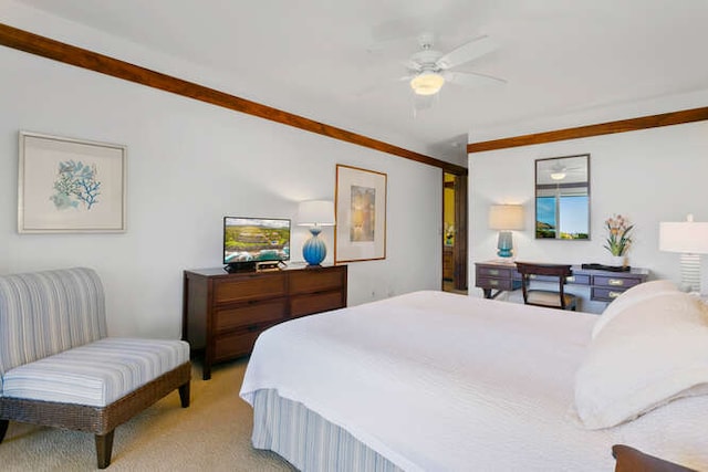 carpeted bedroom with multiple windows and ceiling fan