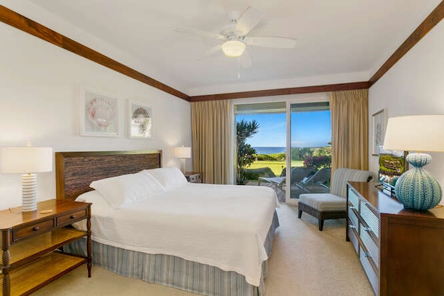 bedroom with light carpet, ornamental molding, access to exterior, and ceiling fan