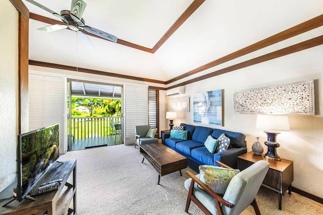 carpeted living room featuring lofted ceiling, a wall mounted AC, and ceiling fan