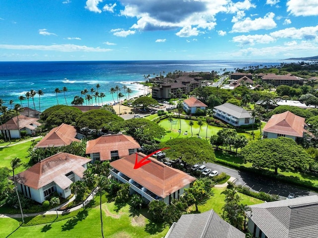 drone / aerial view with a water view