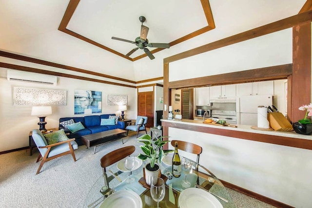 living room with a wall mounted AC, ceiling fan, and light colored carpet