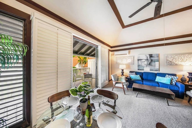 carpeted living room with ceiling fan and a wall mounted air conditioner